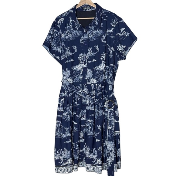 Eshakti Toile Print Crepe Belted Shirt Dress Size 2X Blue Pastoral Horse Novelty - Picture 3 of 16